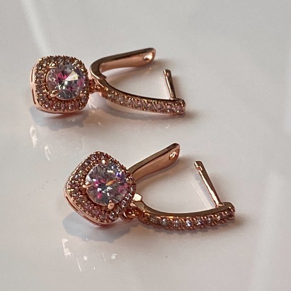 Rose Gold Cubic Zirconia Square Drop Earrings - Picture 6 of 10